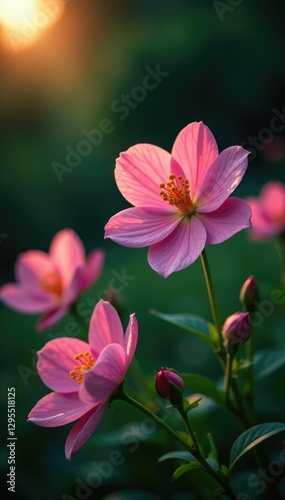 Fragrant flowers blooming in a lush green garden at dusk, night bloom, evening flowers, floral arrangement