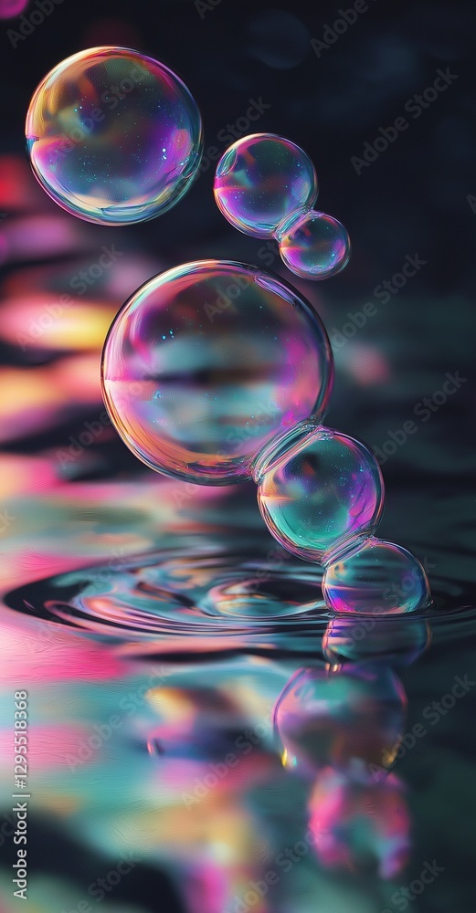 Naklejka premium Rainbow-hued bubbles drifting above calm water, sharp reflections.