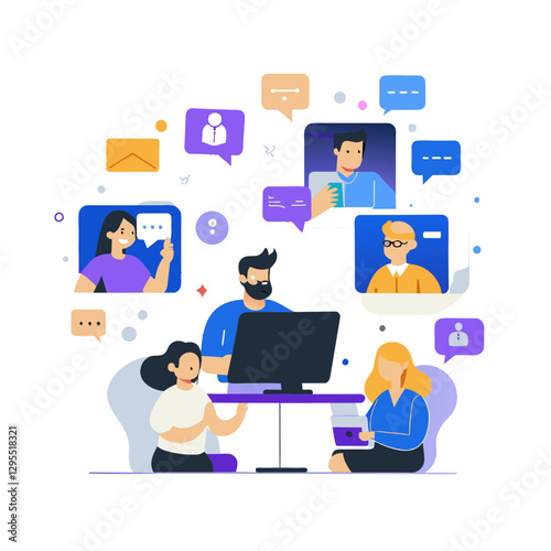 Diverse team engaged in virtual meeting at a modern workspace. Participants interacting through video calls, collaborating on tasks.
