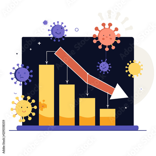Declining market trends during a pandemic with cartoon viruses. Bar graph showing downward trend with falling arrows and cartoon viruses in various locations in the background.