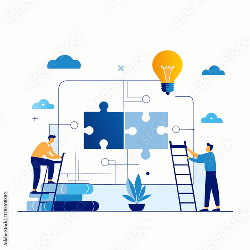 Two business professionals in casual attire assemble puzzle pieces, symbolizing collaboration and problem-solving within a modern, technology-focused office environment.