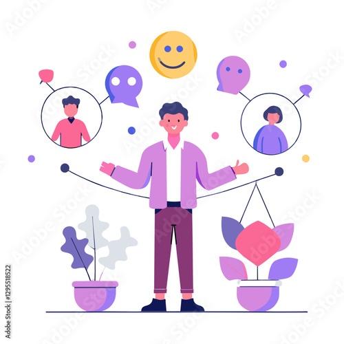 Young adult male in professional attire balancing multiple communications in a modern office setting. Friendly and approachable stance with a focus on interconnections and collaboration.
