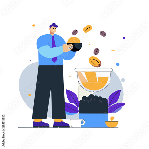 A man in a business casual outfit pouring coffee beans into a filter coffee maker. Man pouring coffee beans in a modern coffee shop setting.