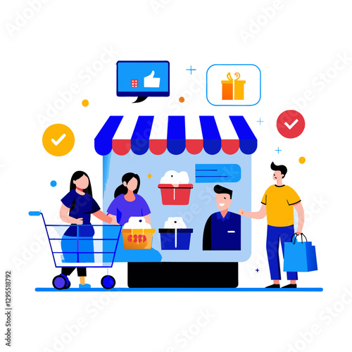 Female shoppers interacting with a store employee outside a modern retail shop. Two women and one man engaging in a customer service interaction in front of a retail store.