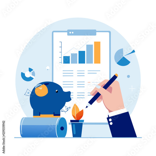 Businessperson analyzing financial reports with a piggy bank and plant in the office. Analyzing investment data in a modern office setting.