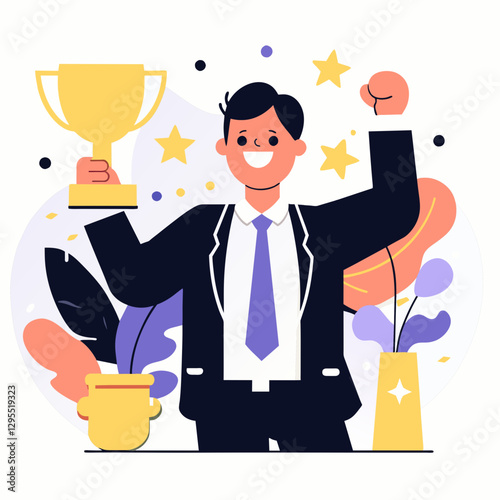 A smiling young man in a business suit and tie, holding a golden trophy aloft, celebrates victory in a celebratory setting. Male professional achievement in a business award ceremony setting.