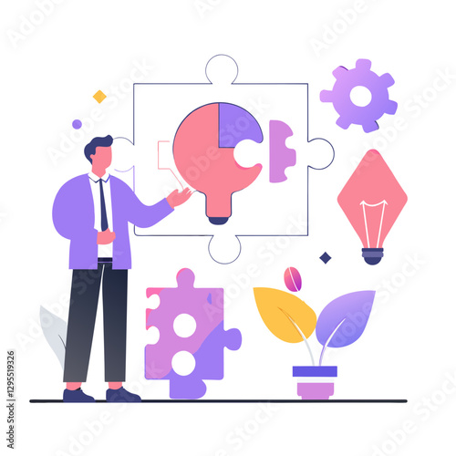 Businessman explaining a solution concept displayed on a puzzle board with lightbulb.