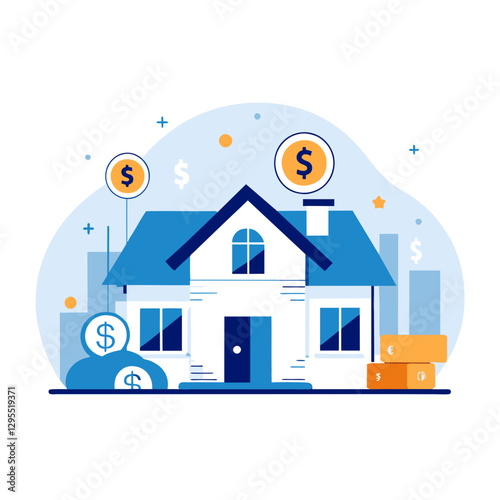 Flat illustration of a house with dollar signs, symbolizing real estate investment. Modern home with financial symbols around it for a financial concept.