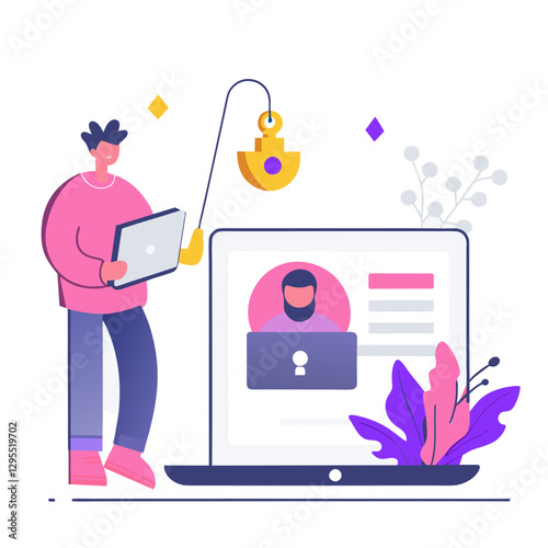 Young adult in casual wear holds laptop, attempts hacking screen showing locked profile of male user. Digital cybersecurity illustration.
