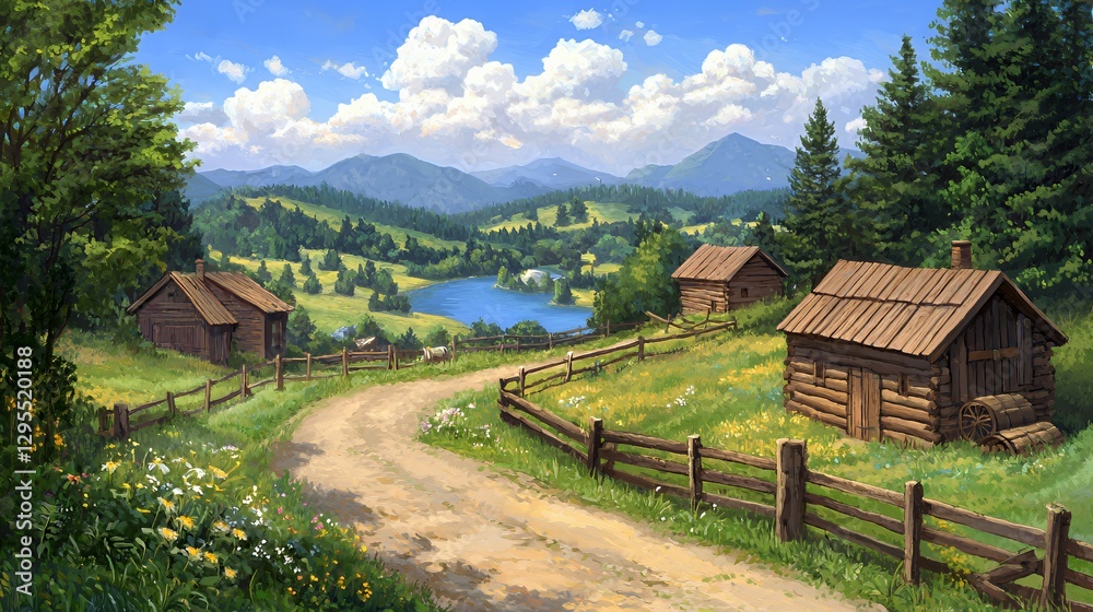 Picturesque Rural Landscape with Wooden Cabins and Winding Path Picturesque Rural Landscape with Wooden Cabins and Winding Path