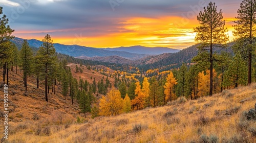 Beautiful landscape featuring a sunset over mountains and autumnal trees