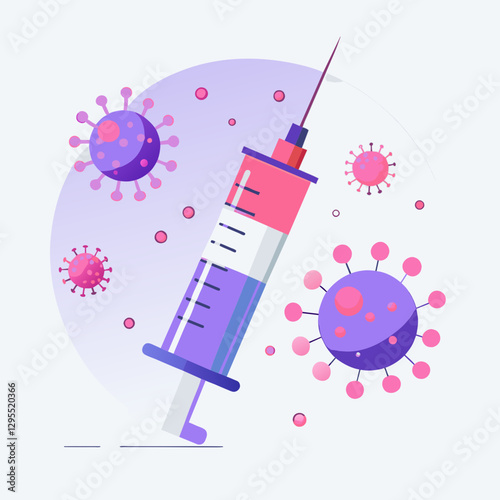 Vaccination syringe with virus illustration in a stylized design. Syringe in mid-air surrounded by various virus representations.