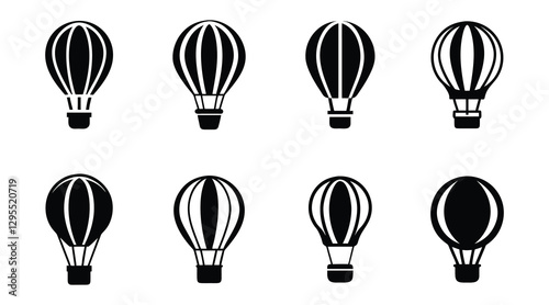 Hot Air Balloon Silhouette Icons Set - Black and White Vector Collection