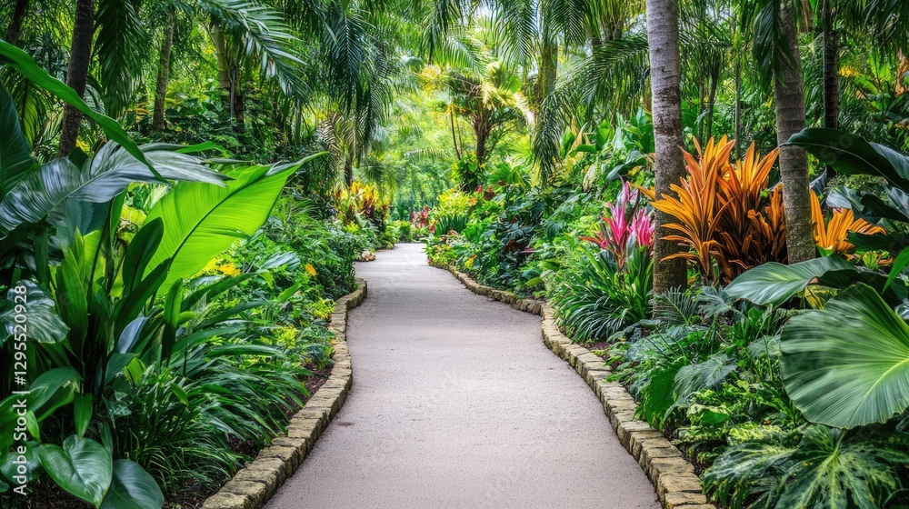 A tropical walkway garden with lush greenery and exotic plants. A tropical walkway garden with lush greenery and exotic plants.