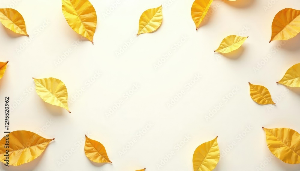 Obraz premium Golden leaves scattered on a white background with a subtle gradient effect, gold, background
