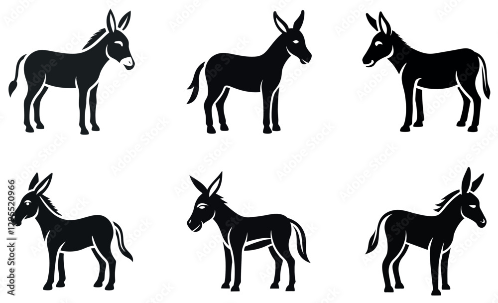 Simple Black and White Silhouette Illustration of Six Donkeys Simple Black and White Silhouette Illustration of Six Donkeys