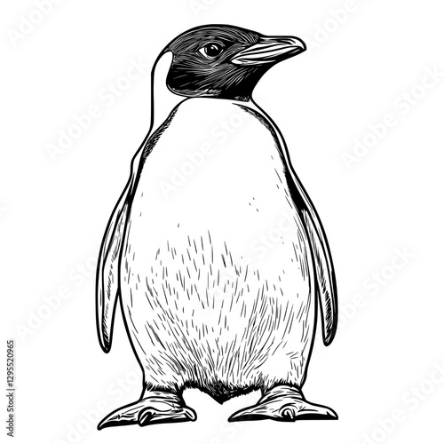 Penguin Portrait: A detailed pen and ink illustration of a penguin stands tall, showcasing the bird's distinctive features, capturing its stoic yet endearing personality.