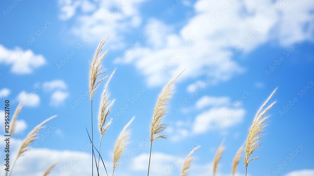 Tall grass swaying under a bright blue sky dotted with fluffy white clouds : Generative AI Tall grass swaying under a bright blue sky dotted with fluffy white clouds : Generative AI
