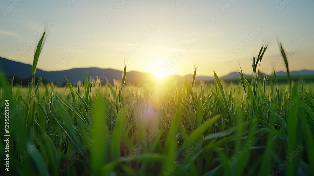 Fototapeta premium Vibrant green rice field at sunrise with golden rays illuminating the landscape : Generative AI