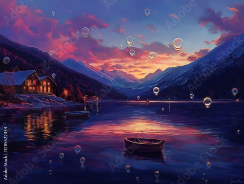 Vivid floating bubbles reflecting twilight hues, ultra-detailed reflections.