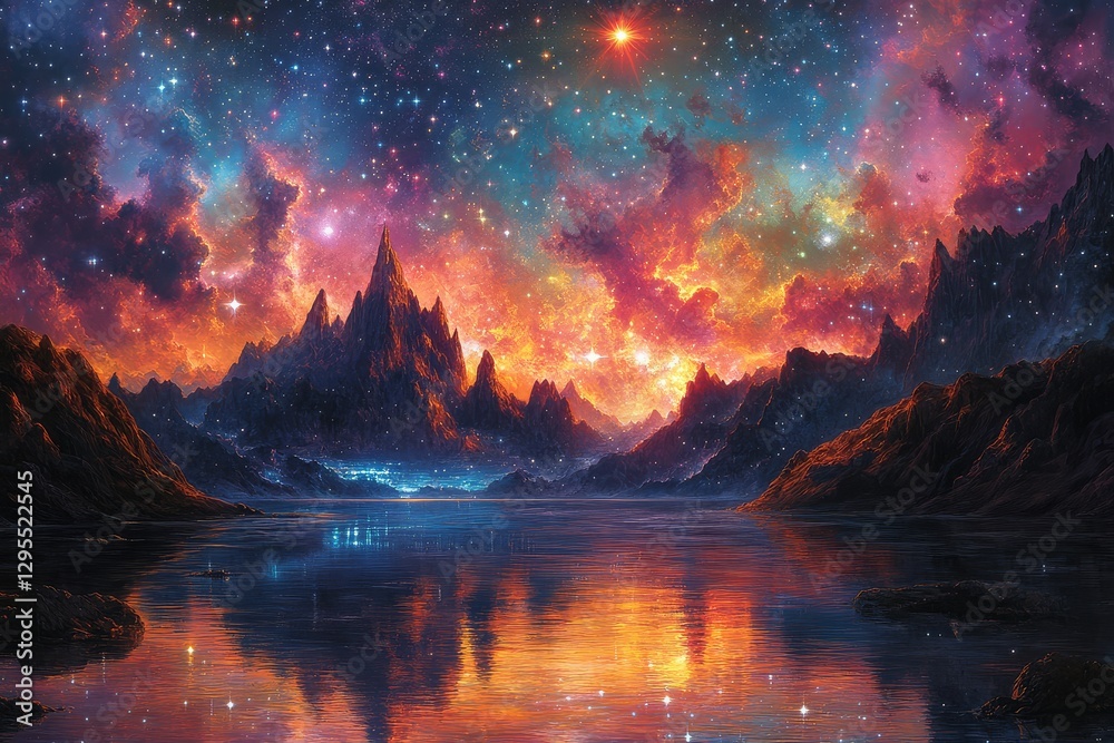 Alien Landscape with Dark Mountains, Water, and a Distant Space Station. A Colorful Nebula Illuminates the Sky Full of Stars with a Bright Red Star Adding Mystery. Alien Landscape with Dark Mountains, Water, and a Distant Space Station. A Colorful Nebula Illuminates the Sky Full of Stars with a Bright Red Star Adding Mystery.