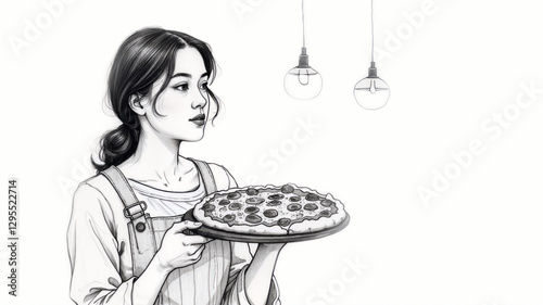 a woman and pizza