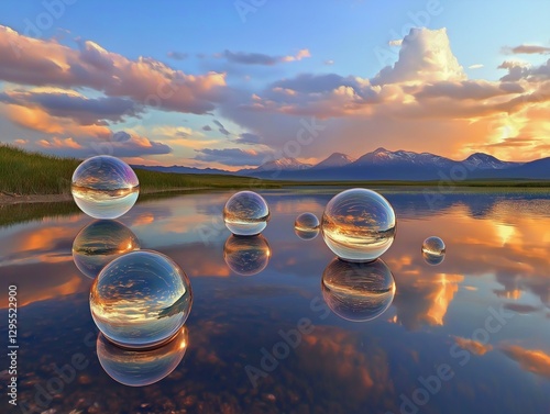 Vivid floating bubbles reflecting twilight hues, ultra-detailed reflections.