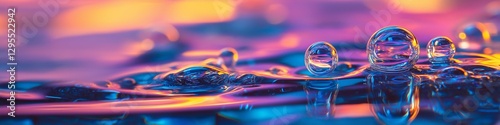 Vivid bubbles resting on water surface, reflecting twilight sky hues.