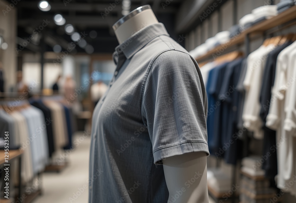 Mannequin Displaying a Gray Polo Shirt in Retail Clothing Store Mannequin Displaying a Gray Polo Shirt in Retail Clothing Store
