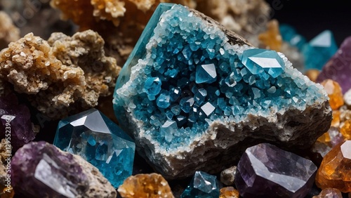 close-up of a natural mineral stone specimen - a druse of semi-precious crystals

