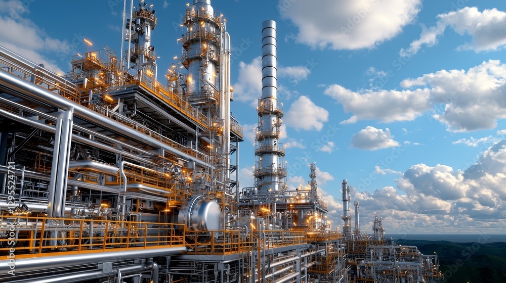 Dynamic Perspective of Towering Fuel Processing Plant with Impressive Industrial Structures Dynamic Perspective of Towering Fuel Processing Plant with Impressive Industrial Structures