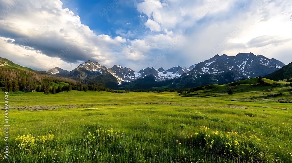 Fototapeta premium Breathtaking panoramic view of lush green valley surrounded by majestic mountains under a dramatic cloudy sky : Generative AI