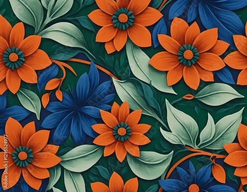 A vibrant wall tile design in seamless floral pattern with bold and oversized flowers, leaves and vines weaving between the blooms, lively and electic vibe