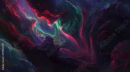 Cosmic Nebula Swirls Red Green And Dark Space