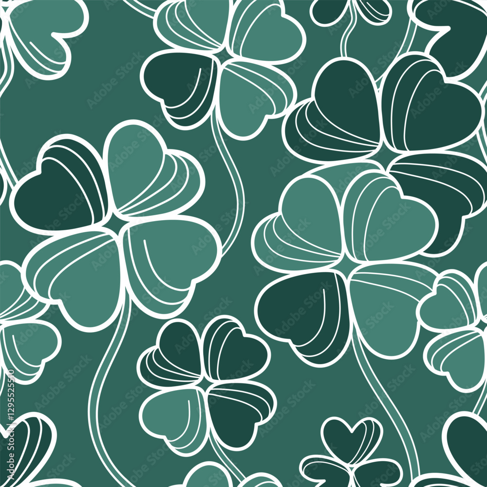 Fototapeta premium Many vector big linear four leaf clovers seamless pattern. Vintage St. Patrick's day background. Contour hand drawn floral print. Cute spring plant texture. Outline art. Elegant flowing shapes drawing