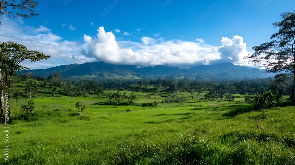 Fototapeta premium Stunning panoramic view of vast green fields and majestic mountains under a blue sky : Generative AI