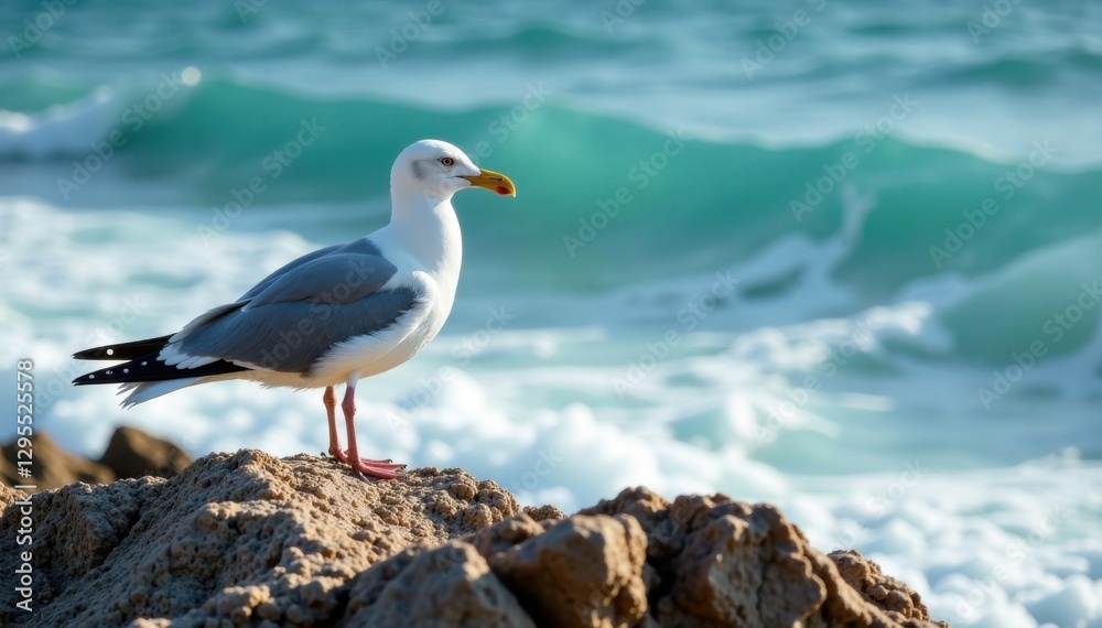 Seagull perched on a rocky coastline with waves crashing below, nature photography, rocky shores, waves Seagull perched on a rocky coastline with waves crashing below, nature photography, rocky shores, waves