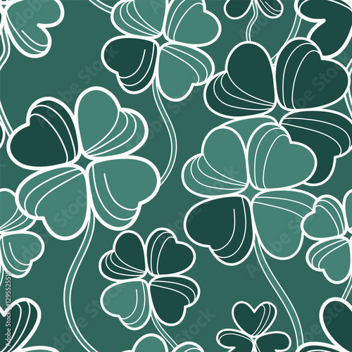 Many vector big linear four leaf clovers seamless pattern. Vintage St. Patrick's day background. Contour hand drawn floral print. Cute spring plant texture. Outline art. Elegant flowing shapes drawing