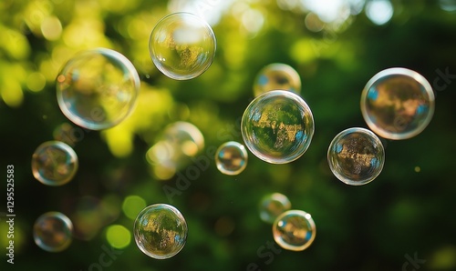 Vivid liquid bubbles gently colliding, forming swirling reflections.