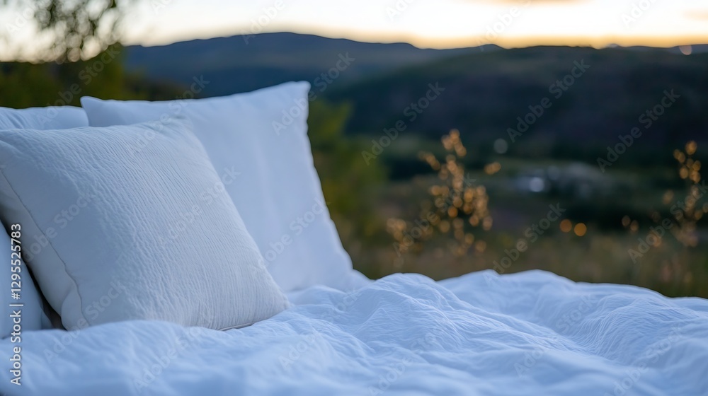 Serene Outdoor Bed Setup with Scenic Mountain Background at Sunset : Generative AI Serene Outdoor Bed Setup with Scenic Mountain Background at Sunset : Generative AI