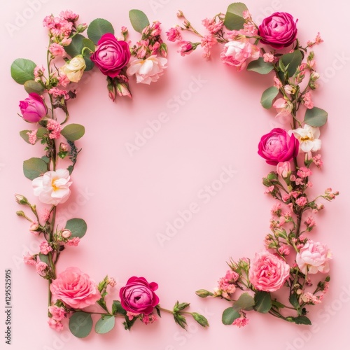 Pink background decorated with flowers for Mother's Day. Feminine flatley. Banner Romantic floral frame for Mother's Day. International Women's Day