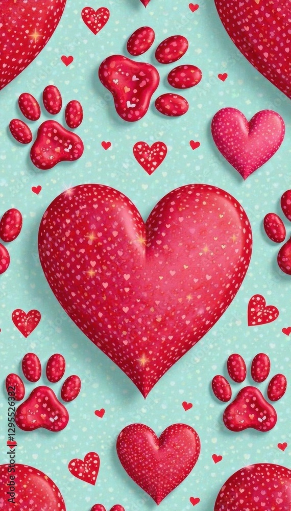 Seamless dog paw print pattern on a heart-shaped scarf for Valentine's Day decor, dog paw print, dog love, heart shape
