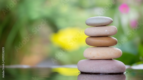 Zen Stone Stack on Still Water Surface for Calming Meditation and Relaxation : Generative AI