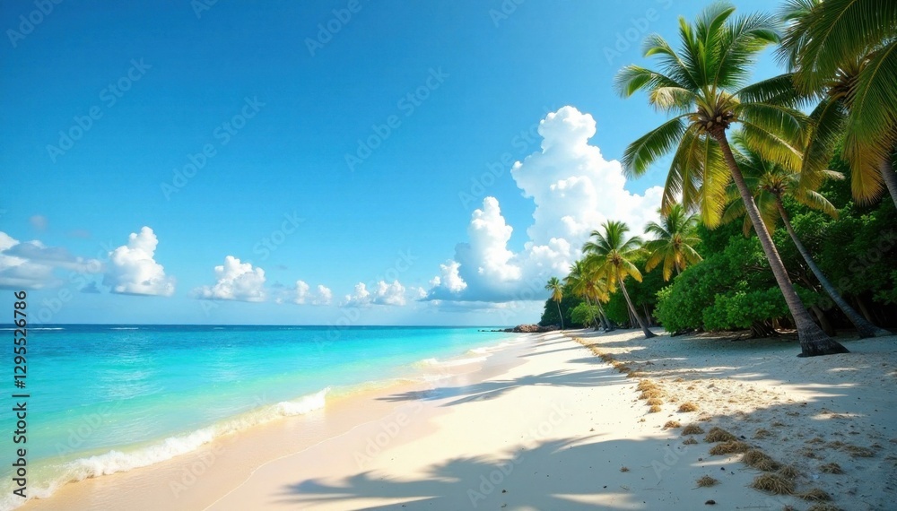 Obraz premium Seaside landscape with sandy beach and pine trees , ocean waves, pine forest, blue sky