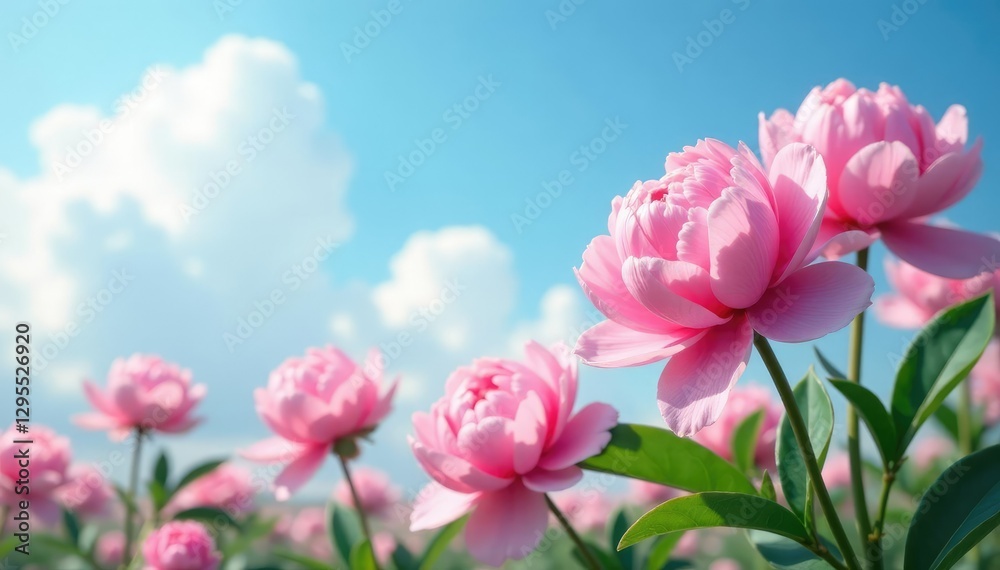 Pink peonies against a backdrop of soft gray clouds and a clear blue sky, flowers, blue Pink peonies against a backdrop of soft gray clouds and a clear blue sky, flowers, blue