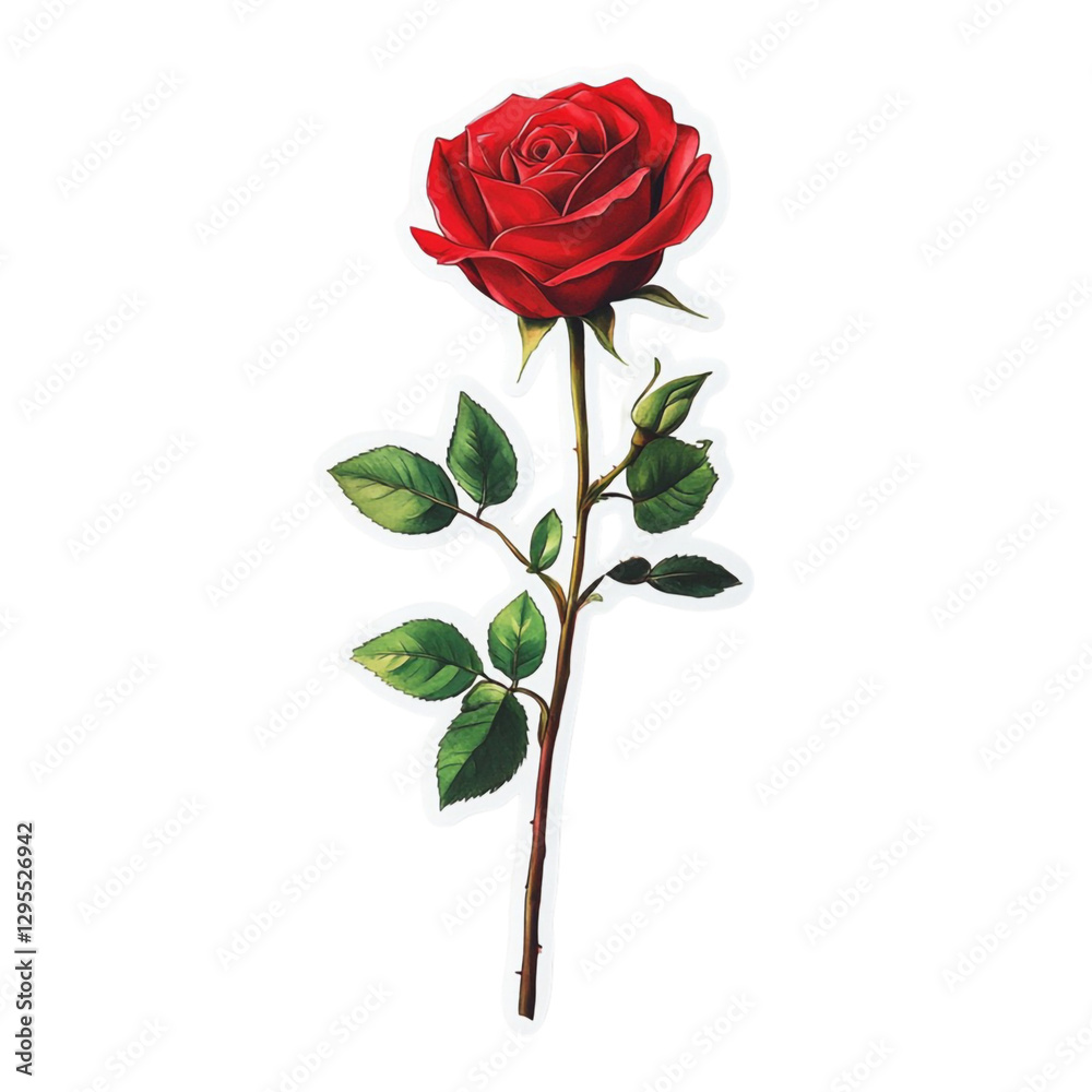 Single Red Rose Stem Green Leaves Artistic Design, Single Red Rose Stem Green Leaves Artistic Design,