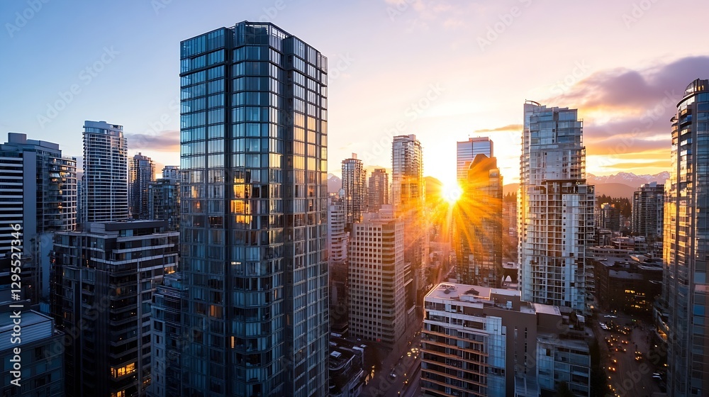 Obraz premium Stunning Urban Sunset Featuring Glass Buildings and Golden Sunlight : Generative AI