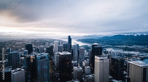 Aerial view of a bustling city skyline with water bodies and mountains under a dramatic overcast sky : Generative AI