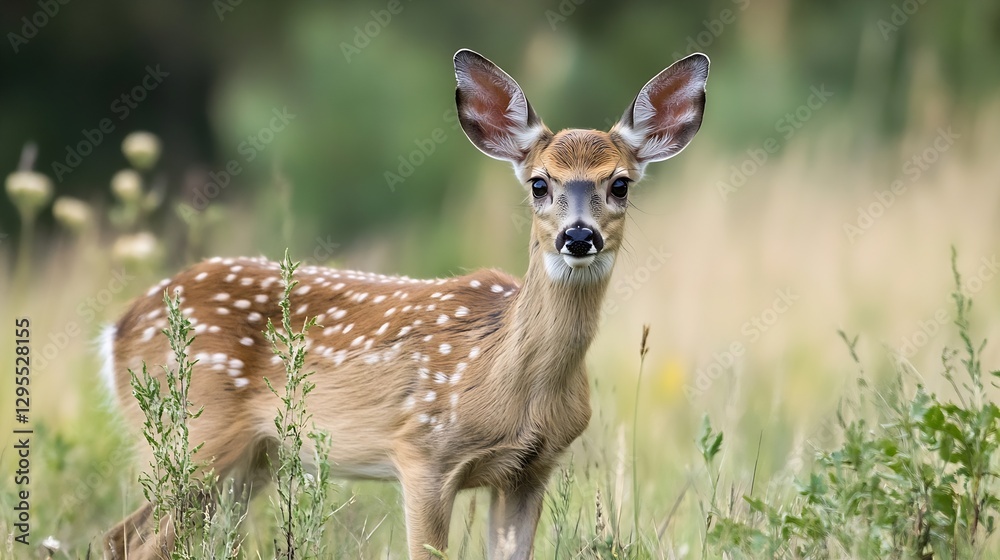 Fawn with spotted coat stands gracefully in a field surrounded by soft grass and plants : Generative AI Fawn with spotted coat stands gracefully in a field surrounded by soft grass and plants : Generative AI