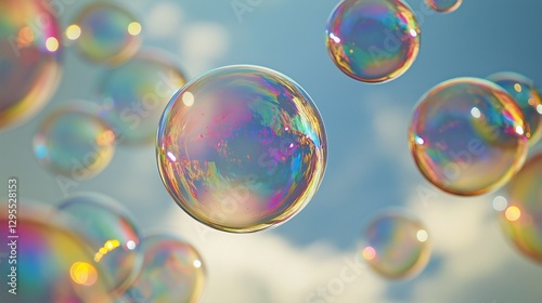 Vivid rainbow bubbles reflecting sky hues, floating mid-air.